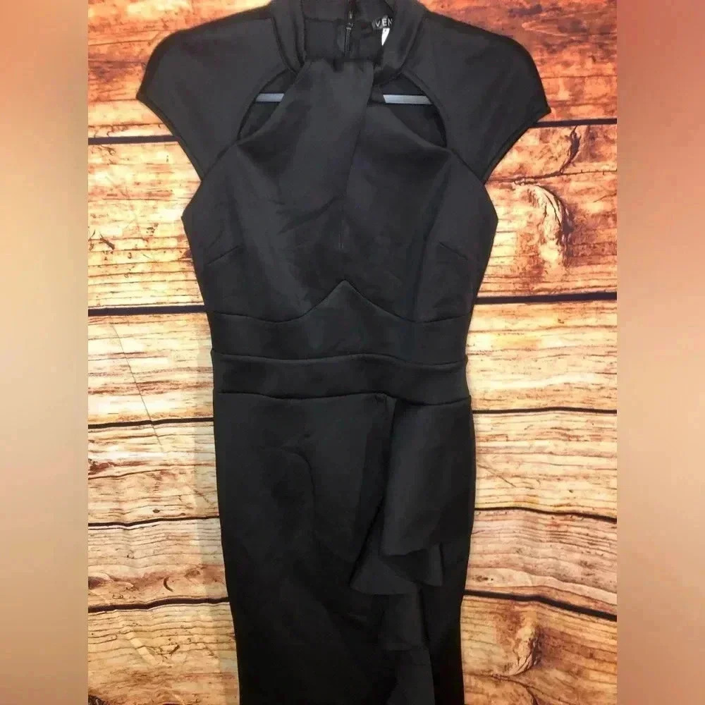 Black Ruffle Cocktail Dress with wrap neck - Picture 7 of 16